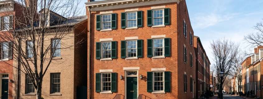 Federal brick rowhouse front with painted shutters in Old Town Alexandria on a clear winter morning